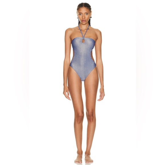 WOLFORD Disco High Shine Metallic Blue One Piece Swimsuit Womens XL NEW - Picture 2 of 9